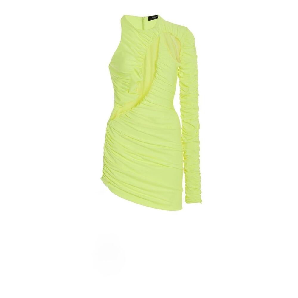 David Koma Neon Yellow One Sleeve Ruched Mini Dress Size 12 UK 8 US